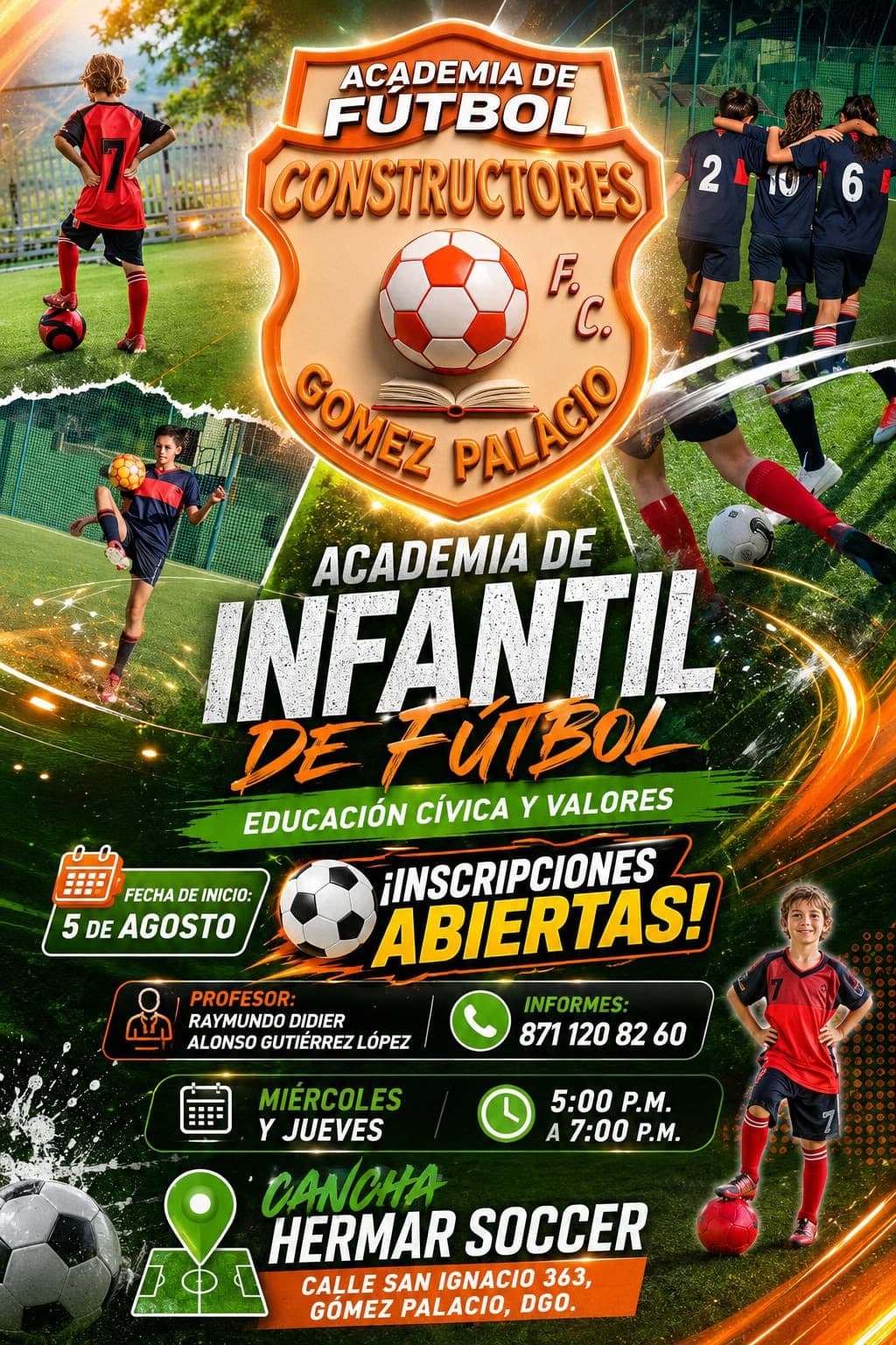 Flyer de la Academia de Fútbol Constructores F.C. en Cancha Hermar Soccer: miércoles y jueves de 5:00 a 7:00 pm, informes al 871 120 82 60